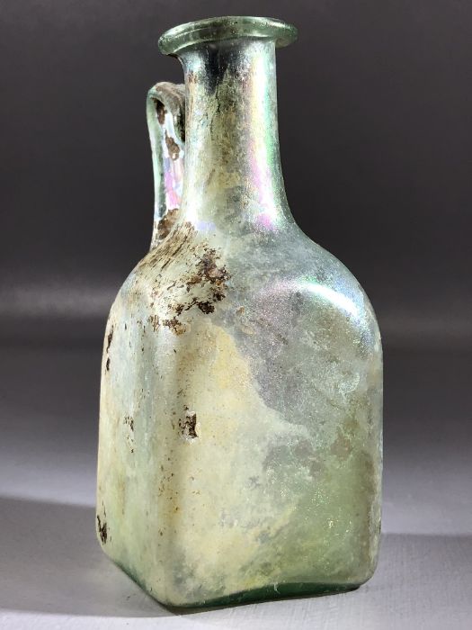 Square glass bottle, possibly Roman, in translucent blue/green glass, cylindrical neck very slightly - Image 8 of 11