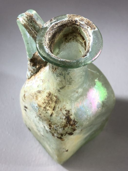 Square glass bottle, possibly Roman, in translucent blue/green glass, cylindrical neck very slightly - Image 10 of 11
