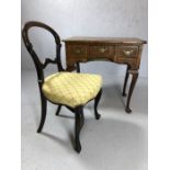 Queen Anne writing desk with inlaid detailing, brass handles, leather top and three drawers,