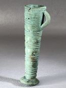 Small Celtic gavel or libation cup, single handle, with green patination, approx 9.5cm in length