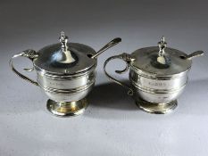 Pair of Silver Salts with Blue Glass liners and spoons Hallmarked for Birmingham maker C T Burrows &