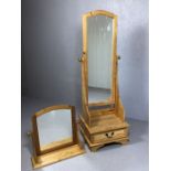 Two pine mirrors: One cheval with drawer under and one dressing table mirror on stand