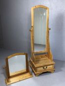 Two pine mirrors: One cheval with drawer under and one dressing table mirror on stand