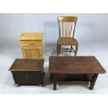 Collection of furniture to include oak slat back chair, pine bedside and Arts and Crafts coal box