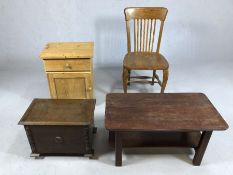 Collection of furniture to include oak slat back chair, pine bedside and Arts and Crafts coal box