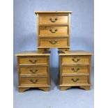 Three pine bedsides / chests of three drawers, each approx 50cm x 44cm x 57cm tall