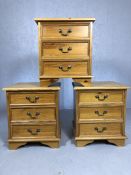 Three pine bedsides / chests of three drawers, each approx 50cm x 44cm x 57cm tall