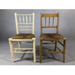 Two vintage rush-seated chairs, one in white paint finish