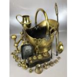 Good collection of brass to include three sets of antique weights (one set in wooden block),