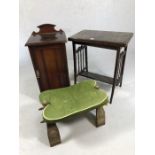 Mahogany bedside table, card table and a camel stool