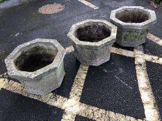 Set of three octagonal stone garden pots / planters, each approx 45cm in diameter x 32cm in height