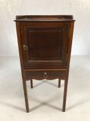 Mahogany pot cupboard with inlaid detailing and single drawer under, approx 34cm x 34cm x 74cm tall