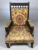 Upholstery project: Wooden framed armchair with carved detailing on four castors