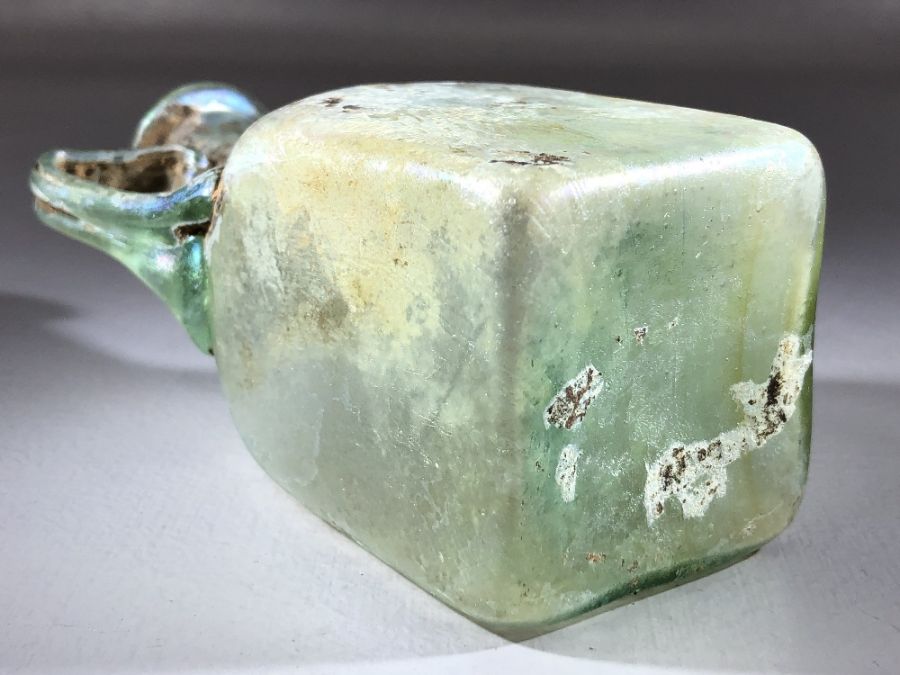 Square glass bottle, possibly Roman, in translucent blue/green glass, cylindrical neck very slightly - Image 9 of 11