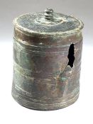 Bronze or copper ink / pyxis pot, design to top of lid still visible, approx 4.5cm in height, thin