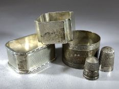 Collection of Hallmarked silver items to include napkins rings and thimbles (total weight 138g)