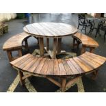 Large modern circular garden table with three curved matching benches, table approx 120cm in