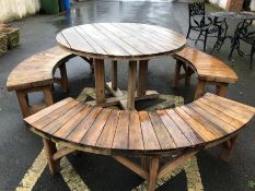 Large modern circular garden table with three curved matching benches, table approx 120cm in