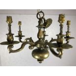 Antique heavy brass five arm, possibly Dutch, chandelier, approx diameter 53cm
