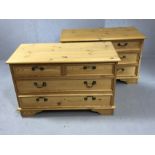 Pair of two pine low chests of four drawers, each approx 92cm x 44cm x 58cm tall