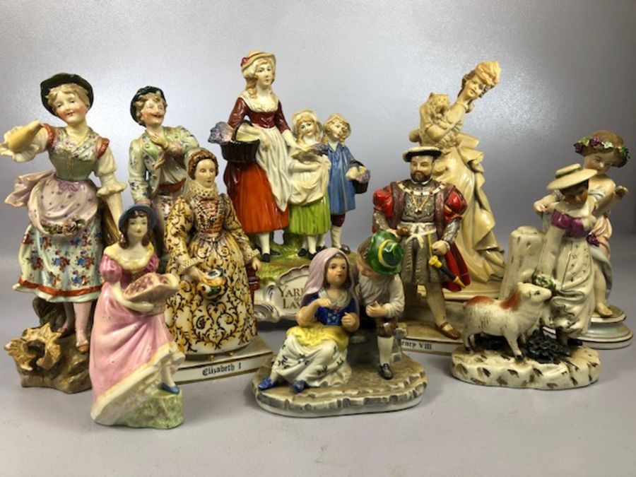 Collection of ceramic figurines to include a lady holding a dog signed B. Merli, a Staffordshire - Image 2 of 7