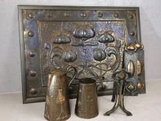 Collection of Art Nouveau copper items to include jugs, door plates, screen etc