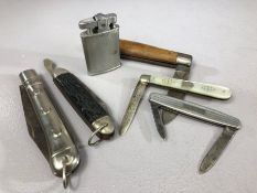 Collection of Pen Knives and fruit knives to include Mother of Pearl & hallmarked silver blade