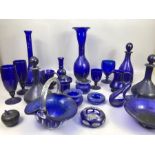 Large collection of Blue glass, possibly Bristol, including goblets, vases, decanters etc, approx 22