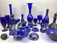 Large collection of Blue glass, possibly Bristol, including goblets, vases, decanters etc, approx 22