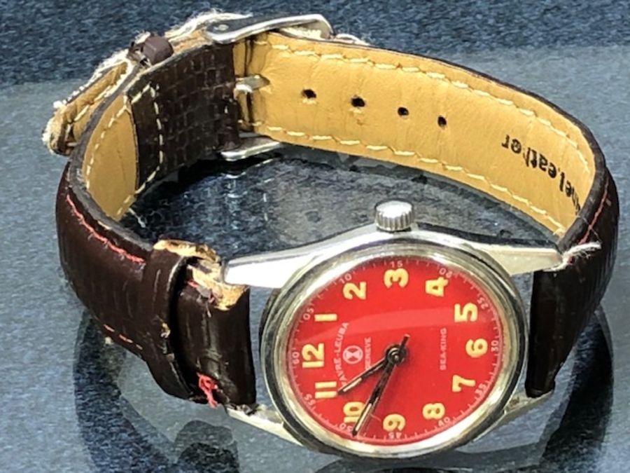 Red faced stainless steel Favre Leuba wristwatch SEA-KING, on leather strap - Image 2 of 5