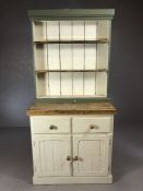 Small painted pine kitchen dresser with three shelves over, two drawers and cupboard under, approx