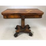 Antique Victorian card table on scroll feet and original castors with blue baize, approx 92cm x 45cm