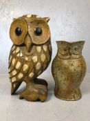 Carved wooden owl, approx 37cm tall, and his ceramic owl jug friend