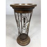 Wooden and metal umbrella stand with flared opening and drip tray, approx 59cm in height