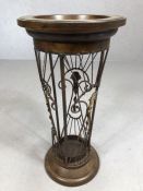 Wooden and metal umbrella stand with flared opening and drip tray, approx 59cm in height