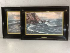 Pair of framed Prints by J.R. Miles entitled 'Against the purple cliffs the breakers roar'' and ''