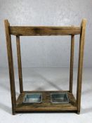 Oak framed umbrella / stick stand with three compartments and two original metal drip trays,