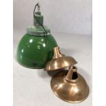 Vintage REVO green enamel industrial pendant light shade, approx 45cm in diameter, along with a pair