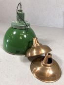 Vintage REVO green enamel industrial pendant light shade, approx 45cm in diameter, along with a pair