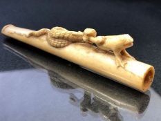 Carved Bone Cheroot or cigarette holder depicting a snake hunting a frog