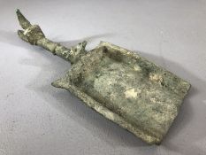 Bronze incense shovel or batillum, with rectangular tray and balustered handle, approx 22cm in