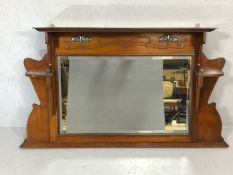 Over mantel mirror / shelving, with Art Nouveau copper detailing, approx 122cm x 70cm