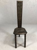 Oak prayer stool, possibly Welsh in origin, on three bobbin turned legs, with carved detailing to