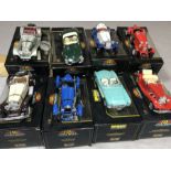 Collection of eight Burago Die-cast 1/18 model vehicles: Alfa Romeo 8C 2300 Monza 1931, Jaguar E