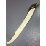 Carved Bone letter opener with decorative Parrot with glass eyes and applied silver initials