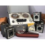 Selection of collectables to include an Enbeeco Magnifying glass in case, three Kodak Brownie