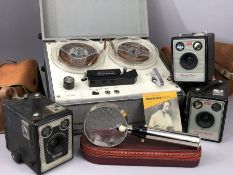 Selection of collectables to include an Enbeeco Magnifying glass in case, three Kodak Brownie