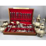 Canteen of cutlery containing large quantity of mixed flatware and a ornate silver plated tea and