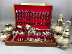 Canteen of cutlery containing large quantity of mixed flatware and a ornate silver plated tea and