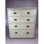 Antique chest of five drawers in pale green paint finish with original cup handles, approx 104cm x